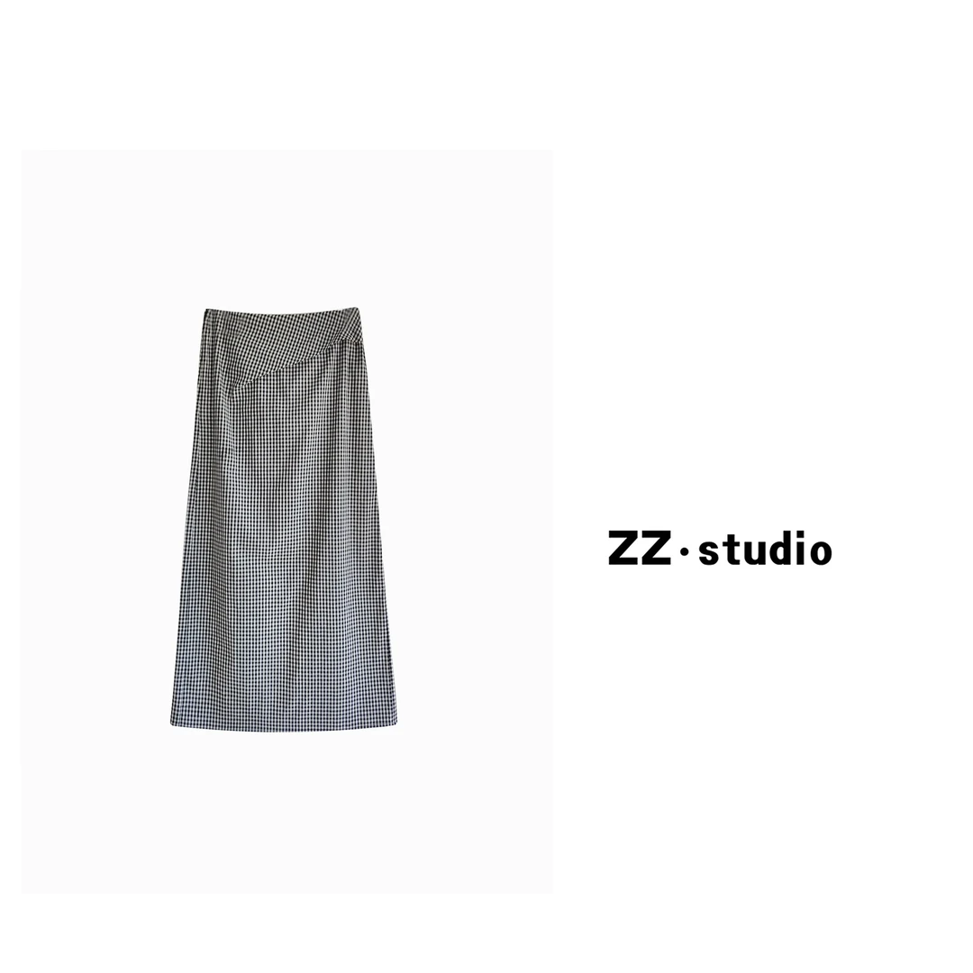 一口苏达 格纹少女 夏季显瘦遮胯百搭气质长款高腰开衩半身裙A200