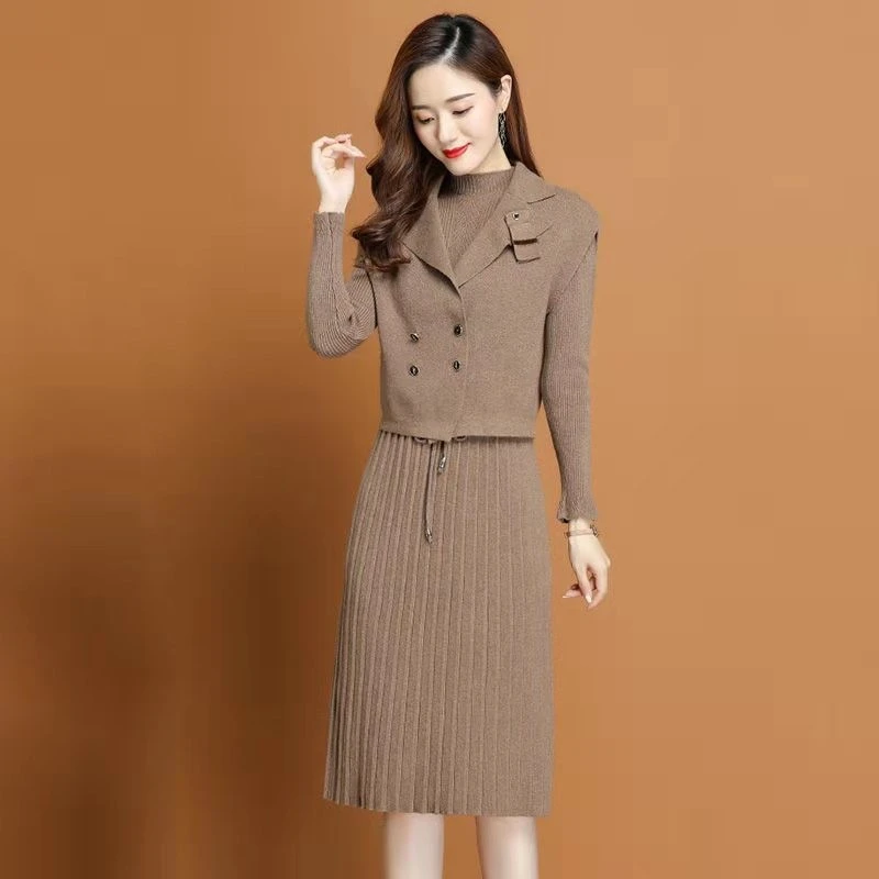 秋冬时尚洋气针织两件套气质修身显瘦女士毛衣套装中长款长袖裙套