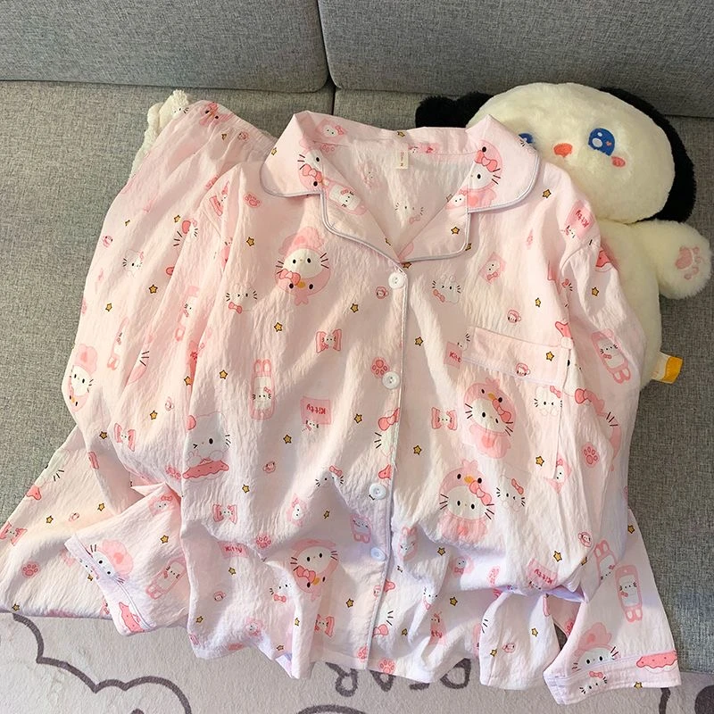 秋季新款爆款云朵棉睡衣女长袖长裤套装可爱粉KT猫日系卡通家居服