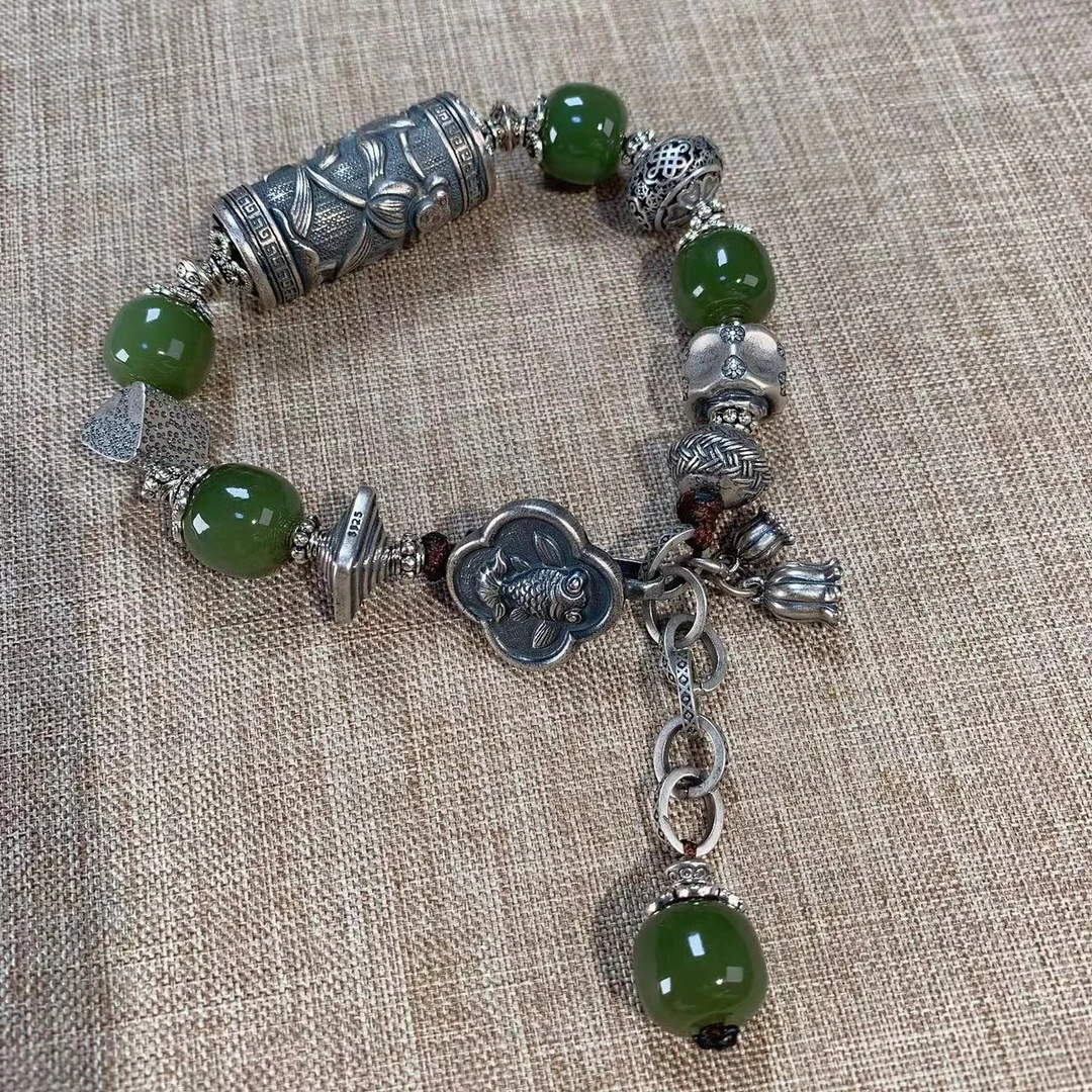 s925银重工复古国风民族风老银和田玉路路通荷塘月色银饰手链304