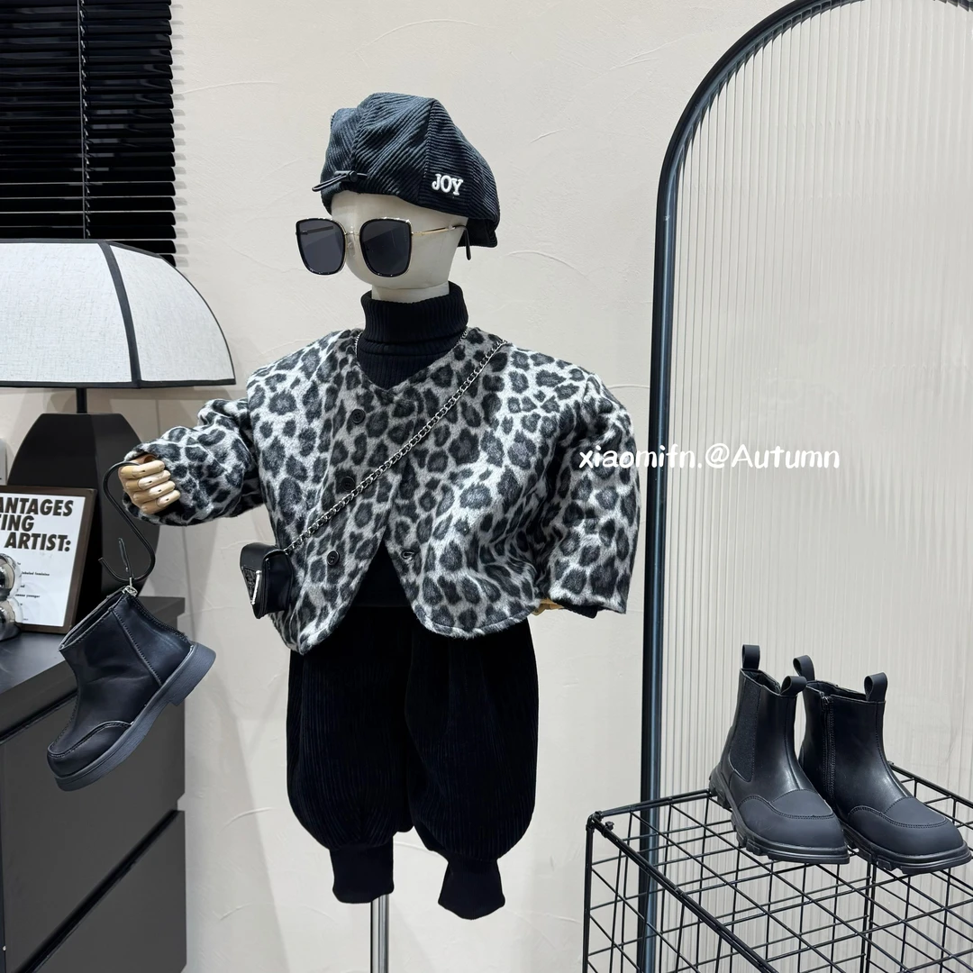 现货~米哆多〃韩版豹点夹棉外套儿童2024秋冬新款做旧复古洋气k578