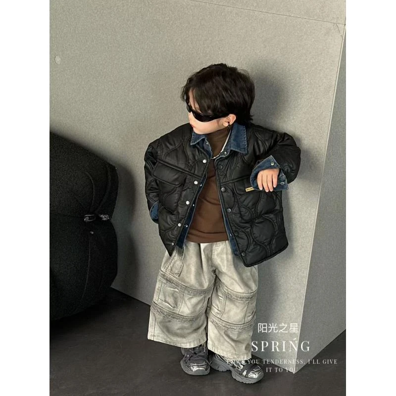 【现货清仓】韩版拼皮棉衣外套男儿童2024秋冬加厚韩版洋气童装2461