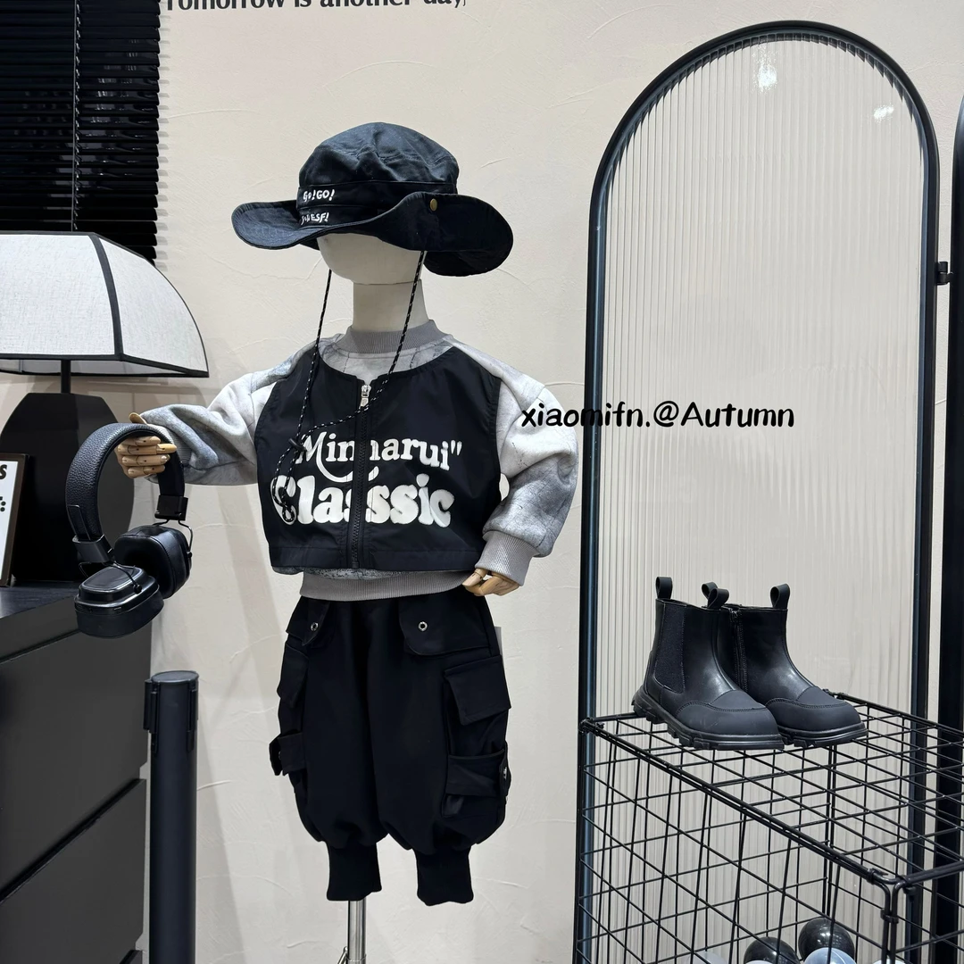 现货~加绒卫衣潮牌拼接韩版男童2024秋冬款印花儿童痞帅童装M8078