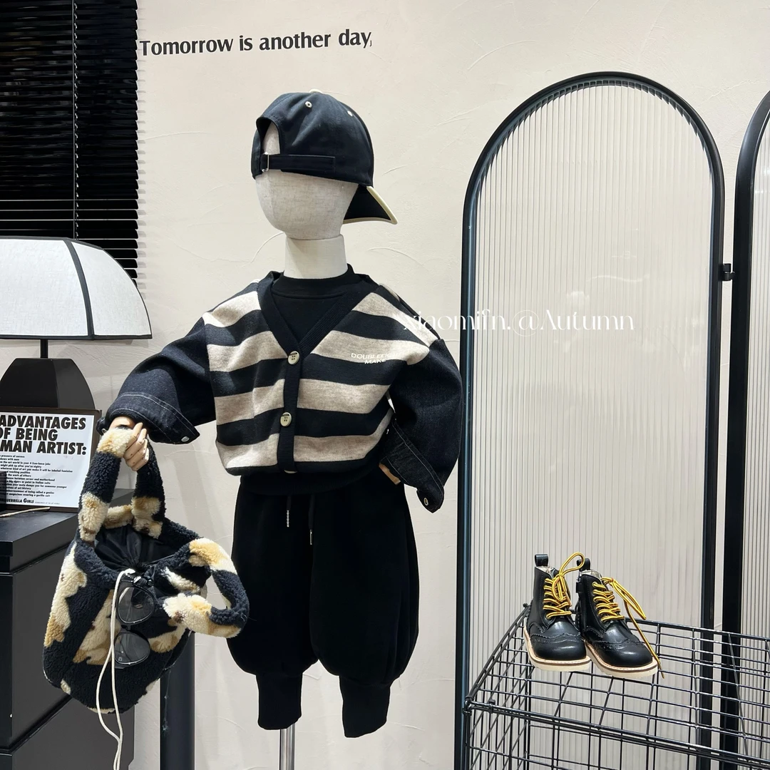 现货~韩版男童2024秋新款潮酷条纹儿童洋气卫衣时尚童装痞帅M8095