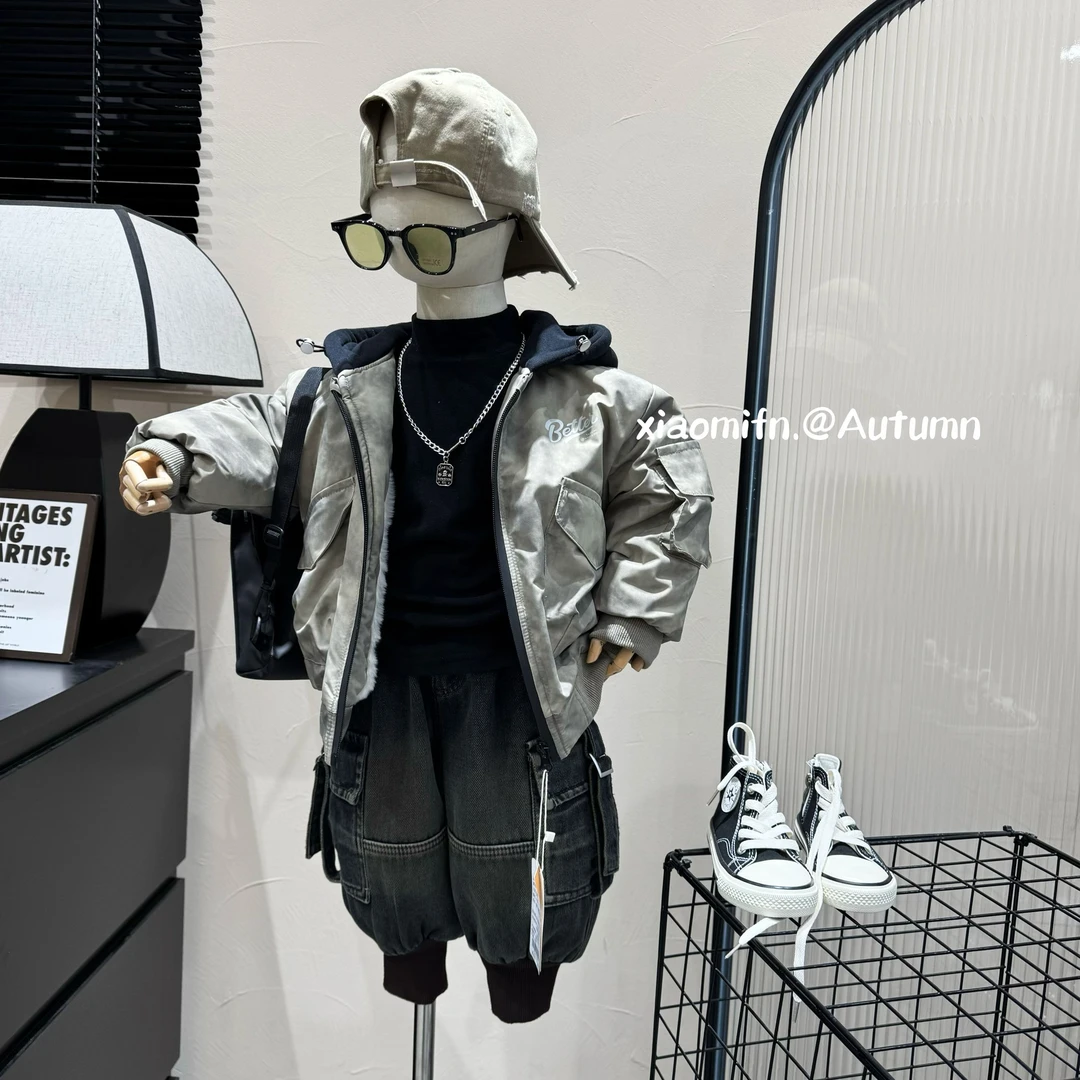 现货〃韩版男童连帽加绒棉服外套儿童2024秋冬款时尚潮洋气81652