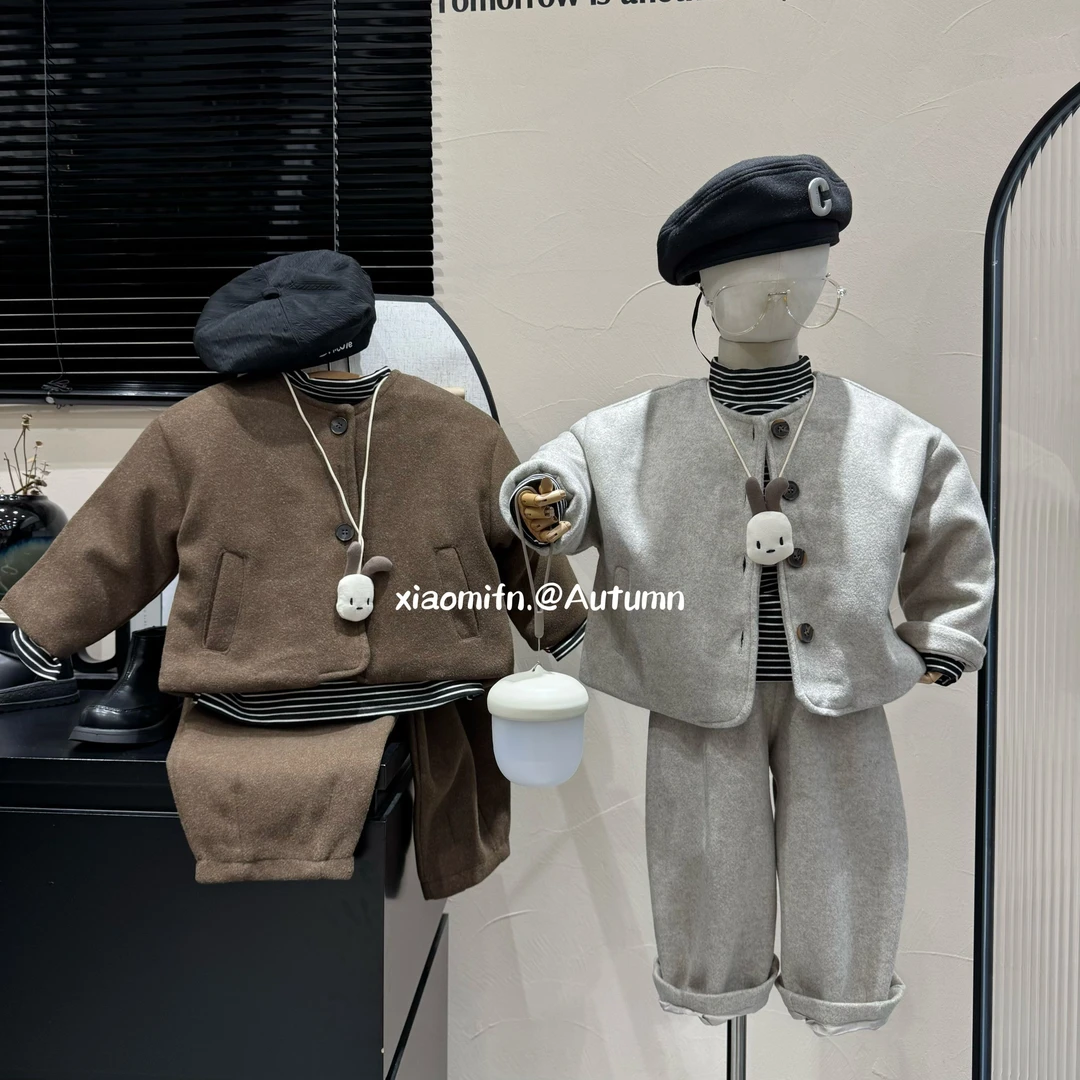 现货清仓〃韩版套装毛呢外套裤子打底衫洋气男童2024秋冬儿童DMT57