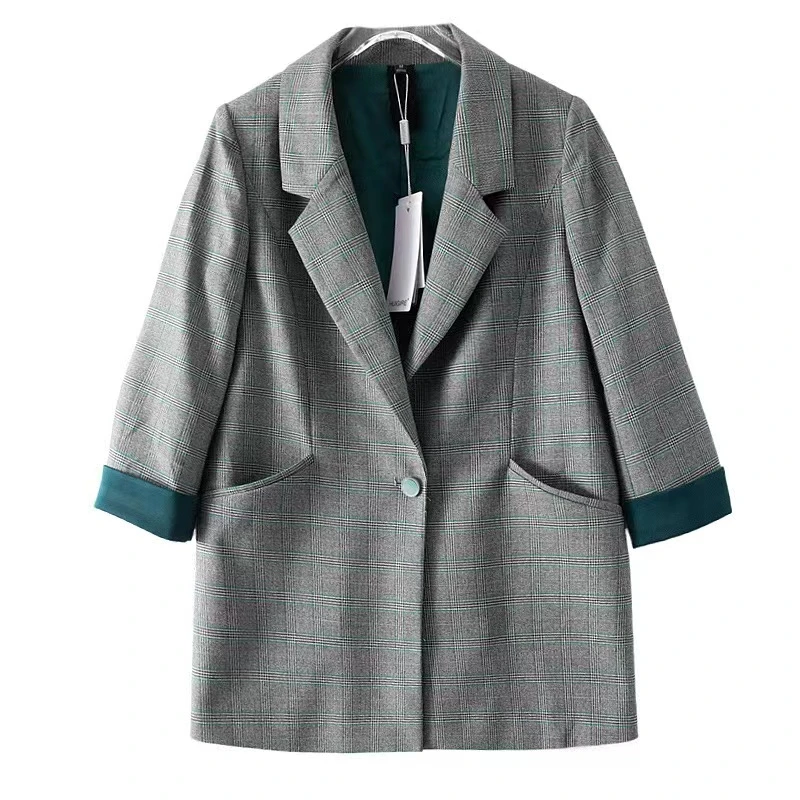 D688  时尚格子中长款气质修身遮肉显瘦小西服