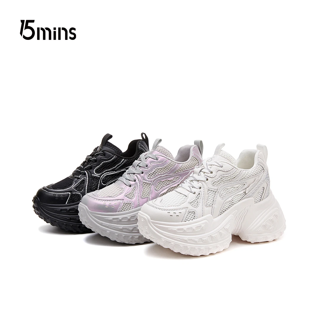 15MINS/15分钟品牌时尚百搭黑色春季新款潮流厚底ins系带透气女鞋