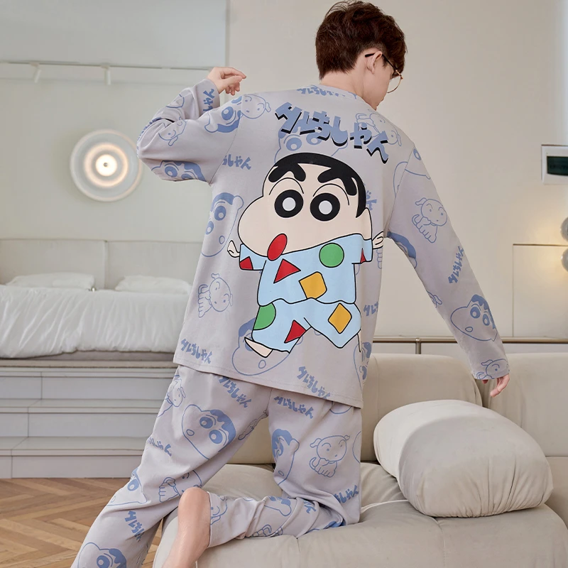男士睡衣春秋款纯棉长袖学生卡通蜡笔小新男夏季家居服套装可外穿
