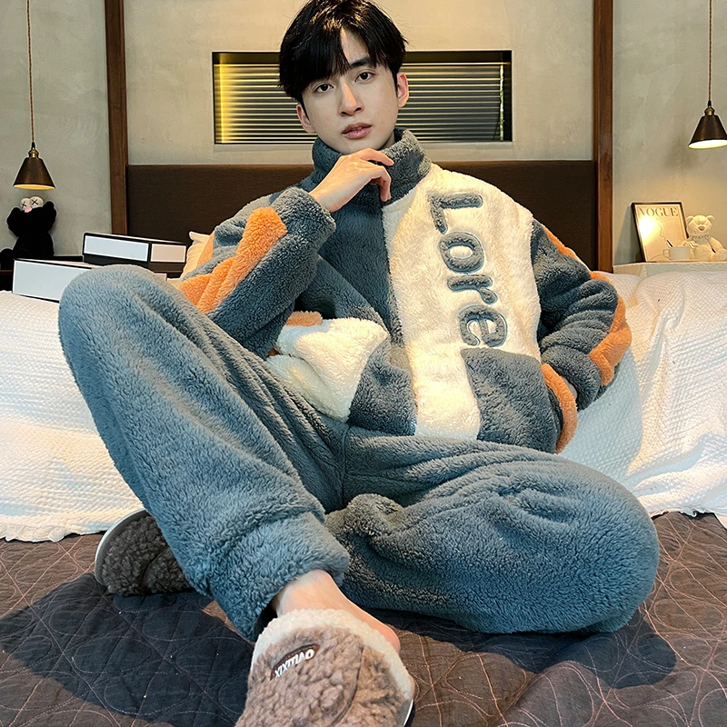 珊瑚绒睡衣男冬季加绒加厚拉链大码学生保暖法兰绒男士秋冬家居服