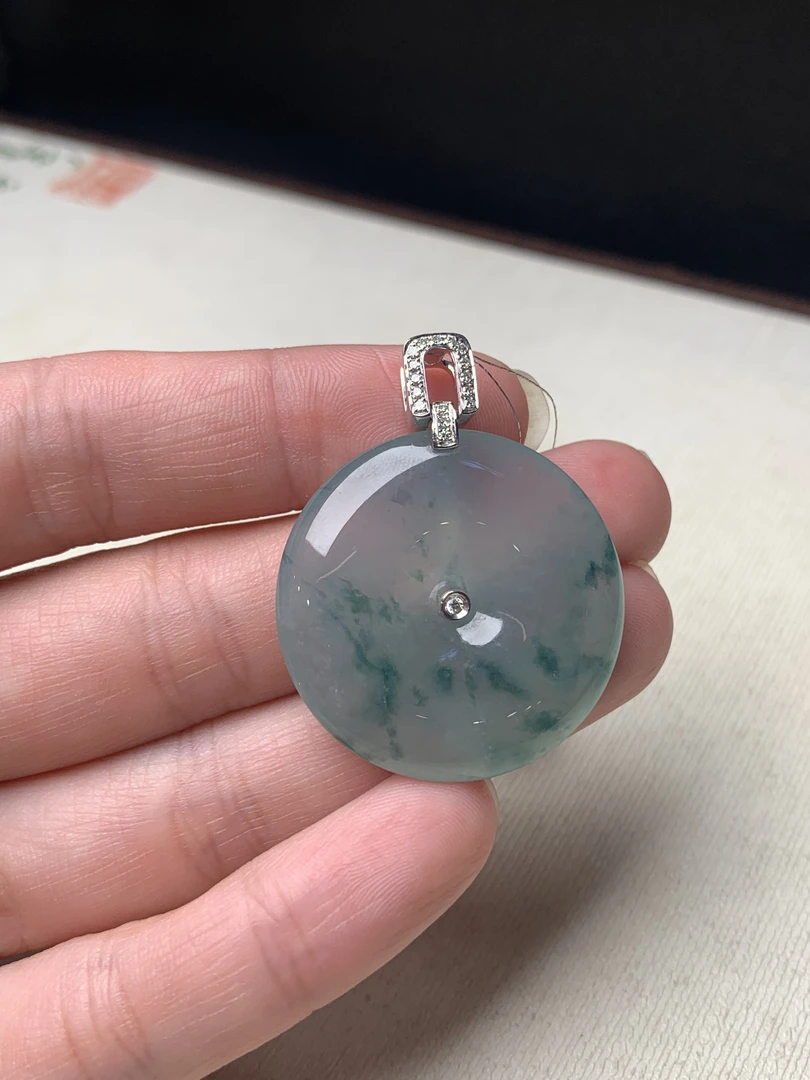 冰飘绿花平安扣天然缅甸翡翠吊坠#货号0057