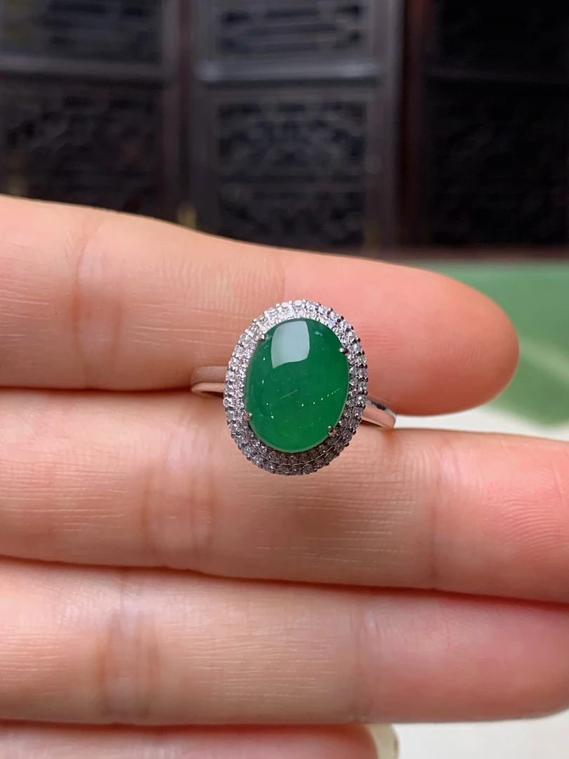 辣阳绿色满色18K金镶嵌天然缅甸翡翠戒指#货号1027