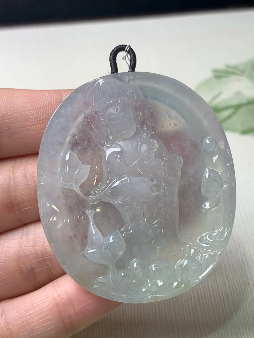 白冰浮雕观音天然缅甸翡翠吊坠#货号3577