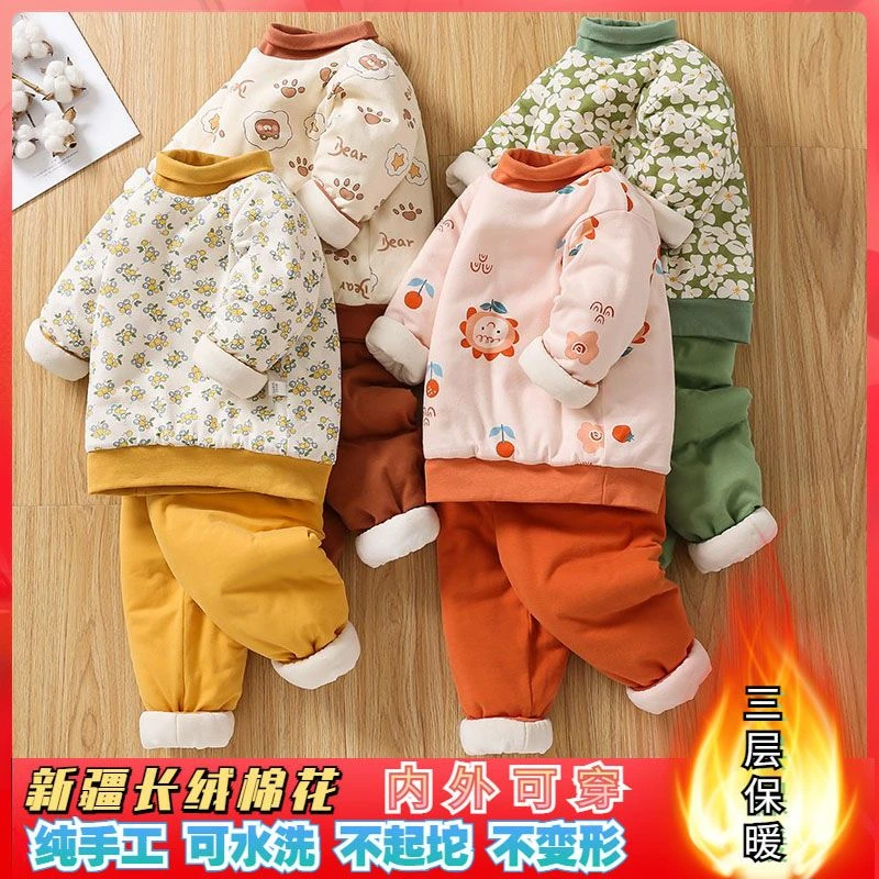 纯手工棉花衣套装冬季家居棉服袄裤子男女中小儿童加厚绒保暖神器