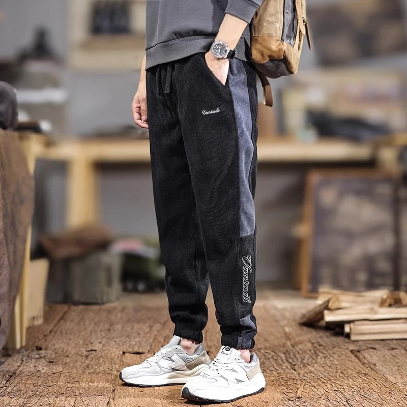 潮龛美式重磅拼接雪尼尔休闲裤男秋季宽松大码束脚哈伦卫裤长裤子