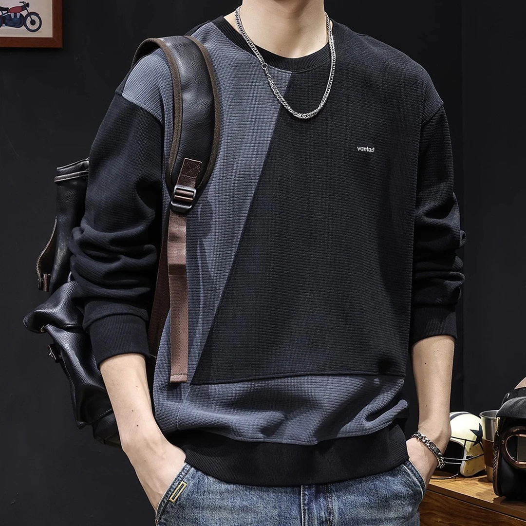 潮龛拼接撞色卫衣男2024新款重磅男装大码男士潮牌圆领衣服春秋季