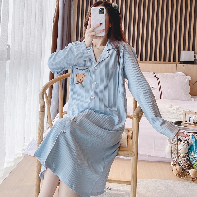 产检纯棉坑条长袖月子服夏哺乳睡裙春秋孕妇睡衣怀孕期喂奶家居服