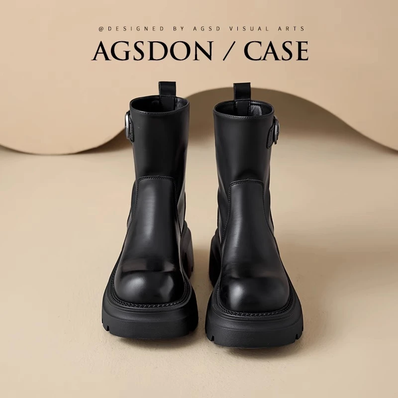 奥古狮登黑色马丁靴女2024新款秋冬厚底烟筒短靴子增高英伦风爆款