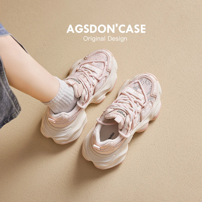 奥古狮登粉色老爹鞋女2024新款夏季厚底增高网面透气显脚小运动鞋