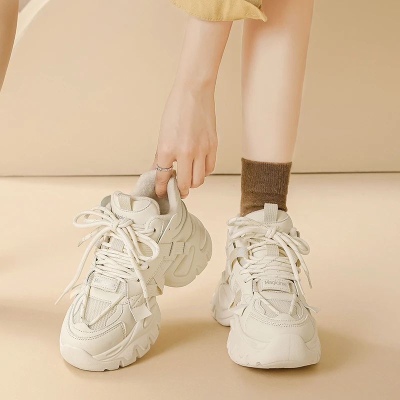 奥古狮登老爹鞋女2023新款冬季加绒保暖雪地棉鞋厚底增高小白运动