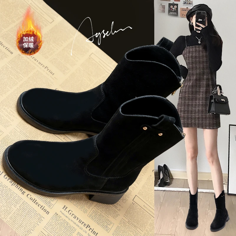奥古狮登马丁靴女2023新款秋冬复古加绒V口西部牛仔靴中筒短靴子