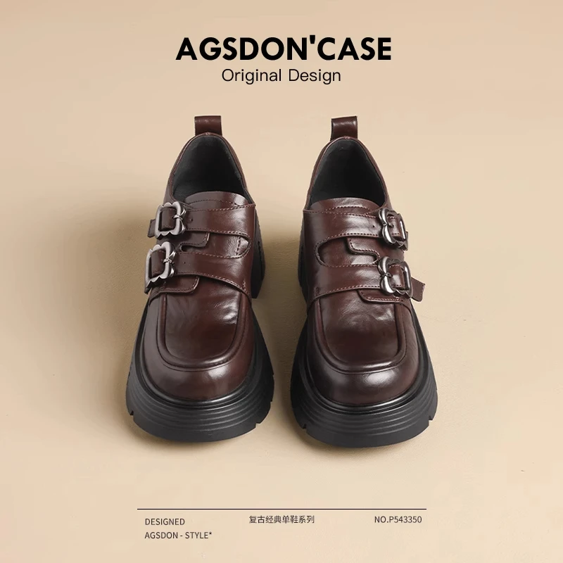 奥古狮登厚底棕色乐福鞋女款2025秋季新款松糕英伦风小皮鞋配裙子