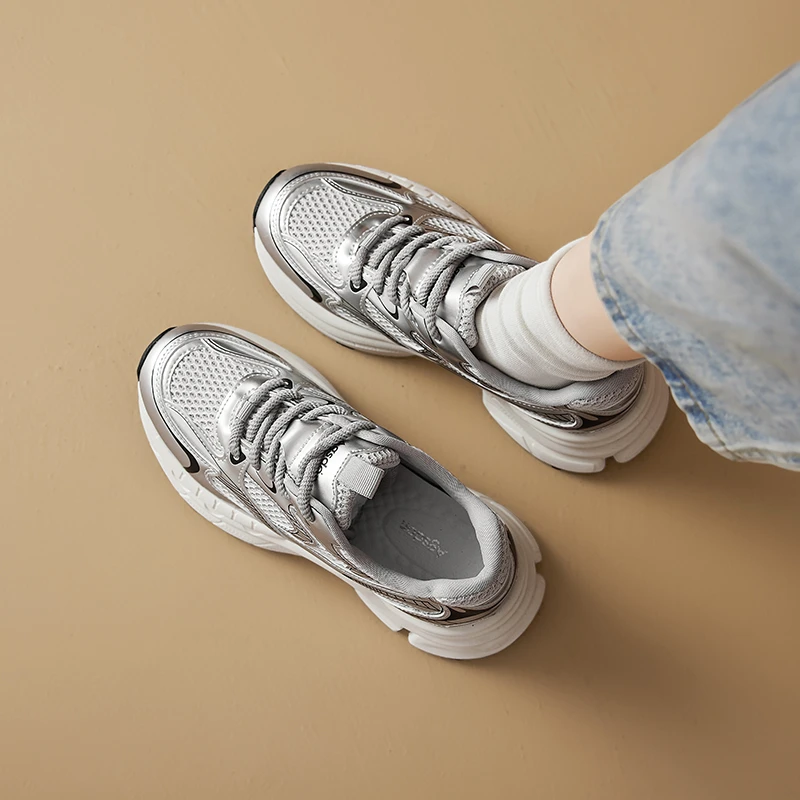 奥古狮登银色老爹鞋女爆款2025新款秋季网面透气厚底休闲运动鞋