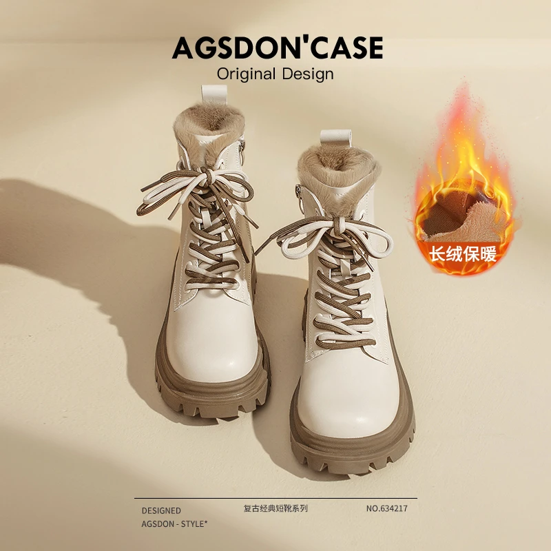 奥古狮登加绒加厚马丁靴女2025新款冬季英伦风雪地靴真皮厚底短靴