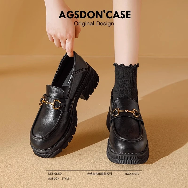 奥古狮登黑色乐福鞋女2025秋季新款厚底英伦风小皮鞋增高粗跟单鞋