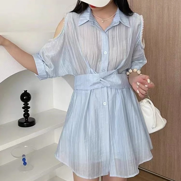 小香风时尚露肩小个子衬衣女宽松遮肉显腿长减龄薄款短裤两件套