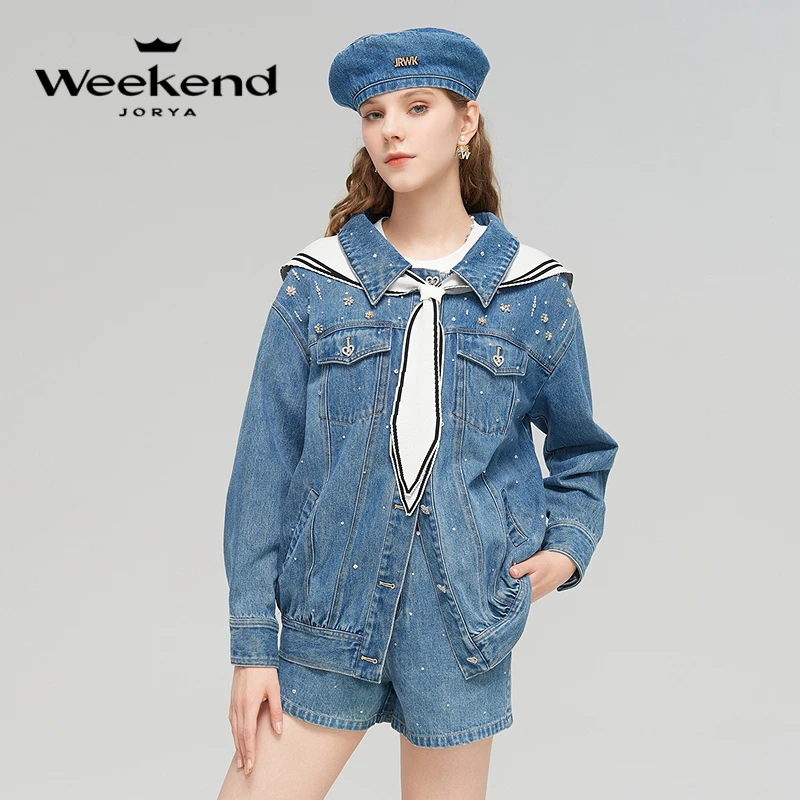 卓雅周末春季新款学院风撞色海军领钉珠单排扣牛仔外套EJWDAF37