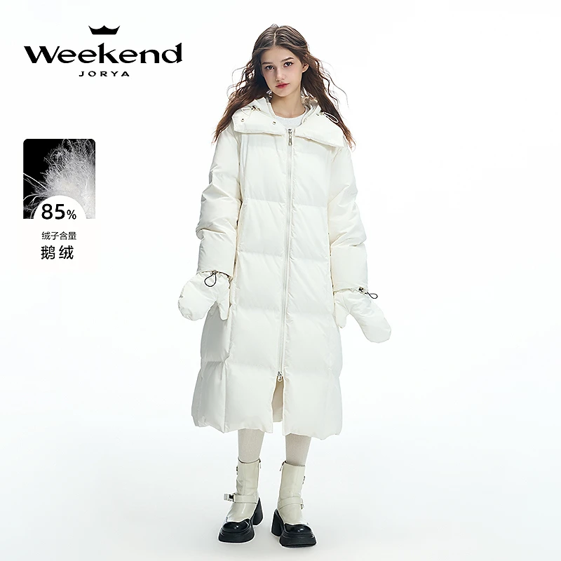 卓雅周末冬季新款简约连帽翻领手套直筒长款羽绒服Q260813C