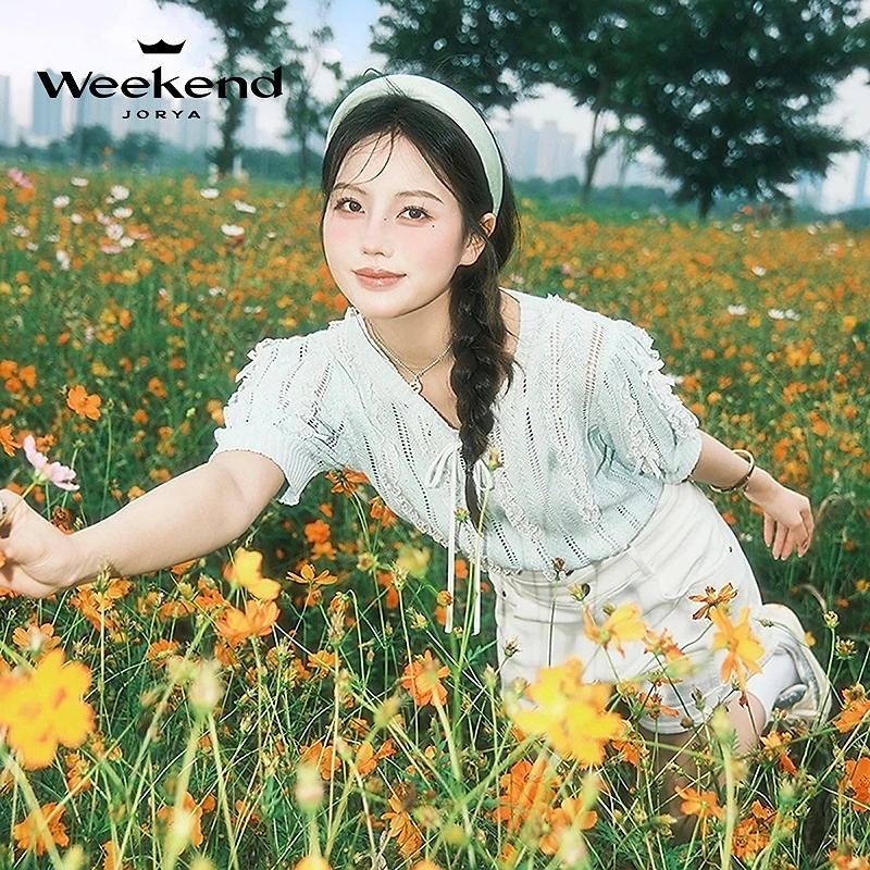 卓雅周末夏季新款圆领蝴蝶结蕾丝边收腰镂空针织衫EJWEBQ45