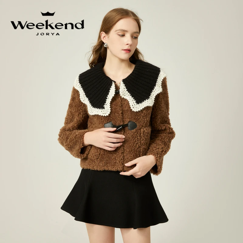 卓雅周末冬季新款千金风撞色织花领绵羊毛牛角扣短外套EJWDDF44