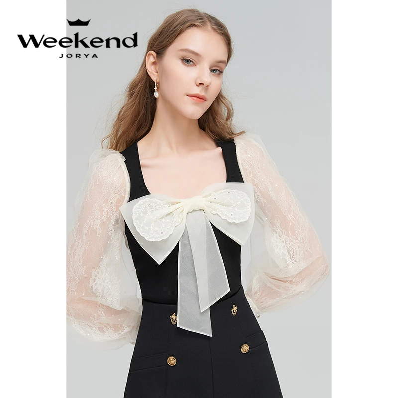 JORYA weekend新款蝴蝶结蕾丝网纱拼接针织衫U型领上衣EJWDAQ64
