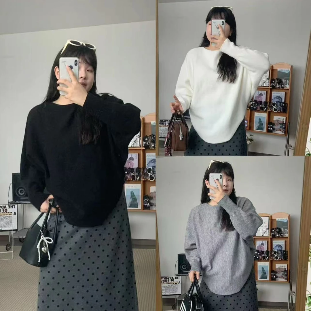 1150大码女装不规则下摆长袖针织衫宽松设计感蝙蝠袖上衣