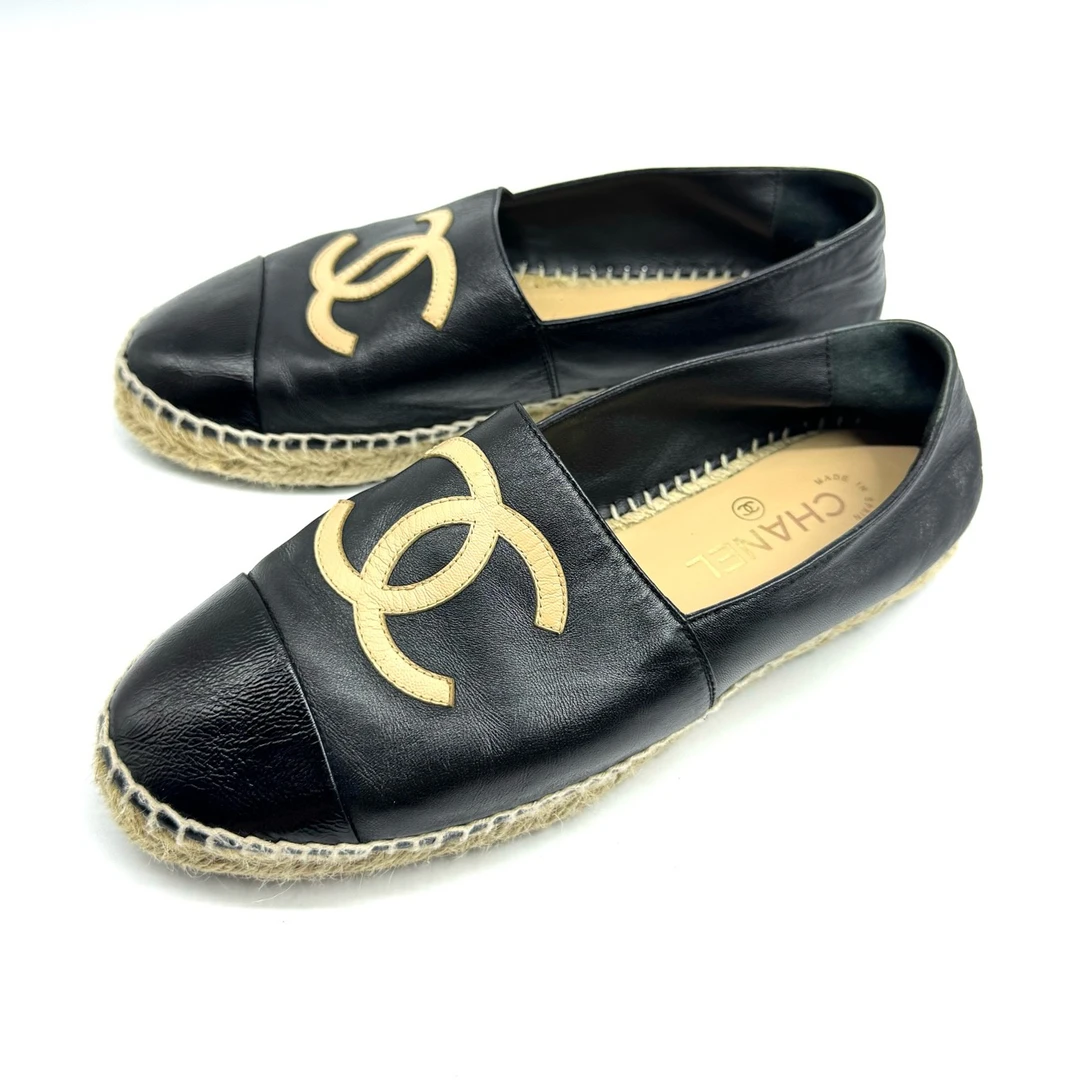 Chanel/香奈儿/黑色草编渔夫鞋/女士39码/非全新