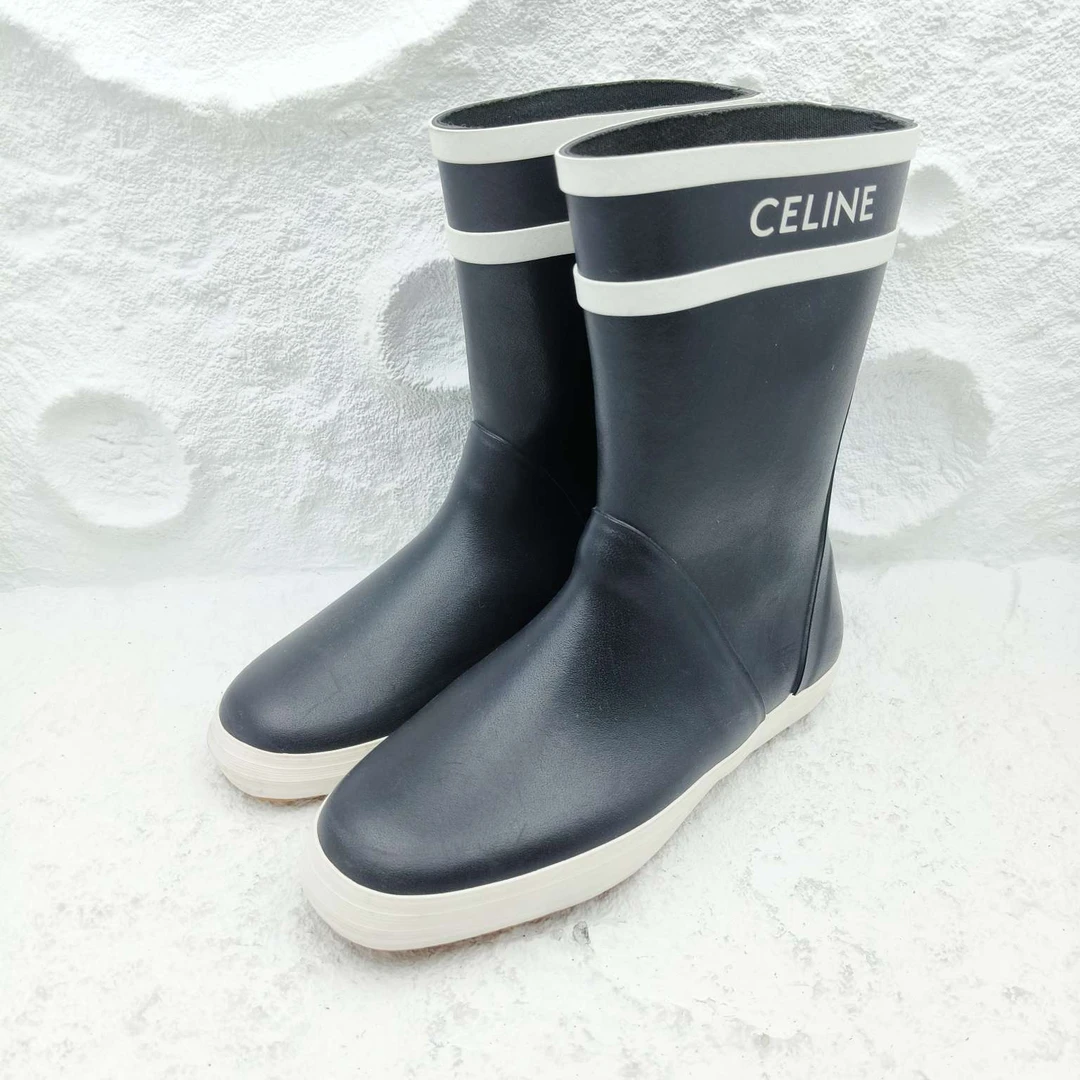 99新 Celine/思琳 黑色/徽标女款雨靴/平底靴/37码