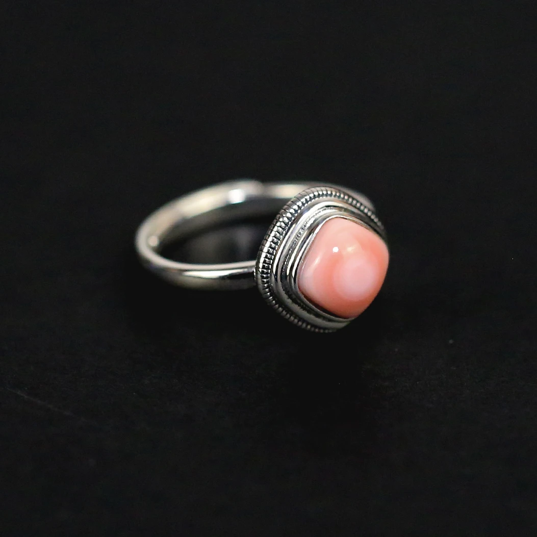 925银戒指 菱形粉贝甜美方方戒指指环可爱淑女气质渐变蜜桃精致