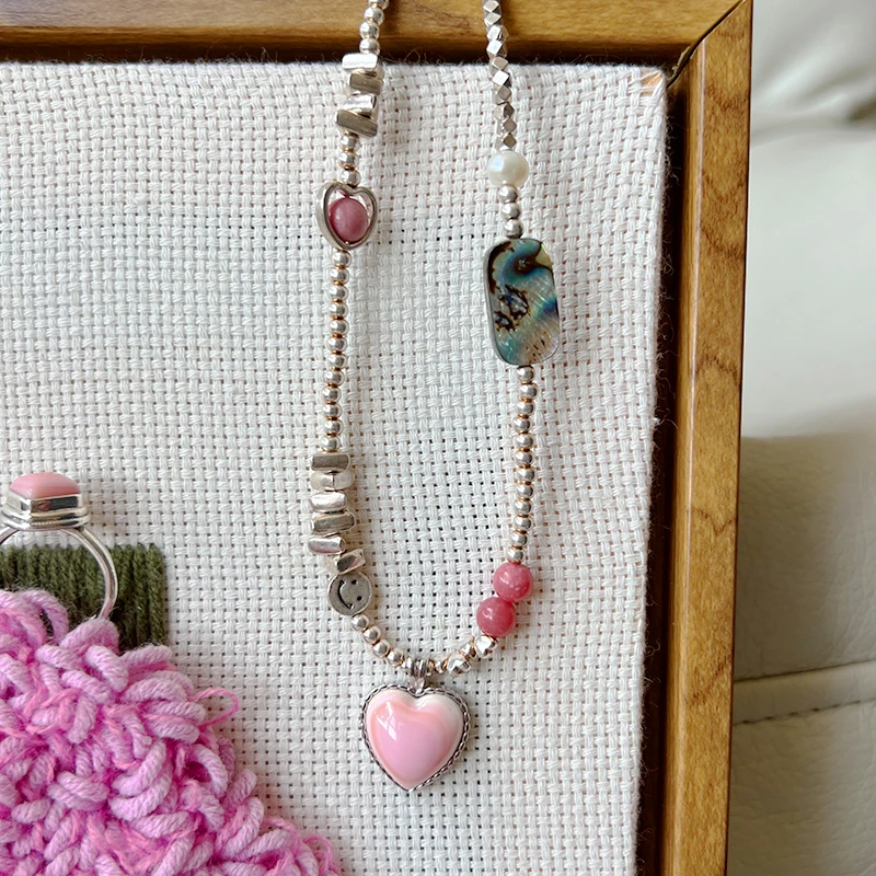 坠链均925银 自编粉色爱心繁星锁骨项链轻奢甜美设计感甜酷糖果色