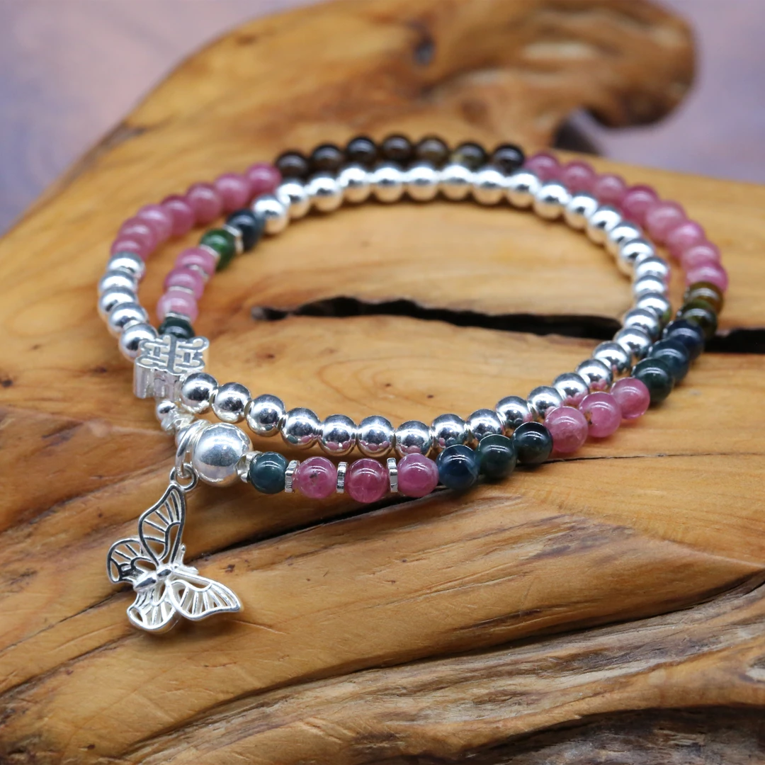 925银手链 黑粉色蝴蝶吉祥结双圈手链