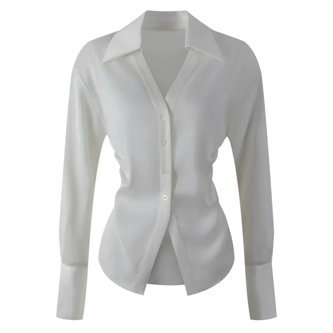 【8161-YR】高级感缎面衬衫设计感通勤收腰百搭轻奢显瘦衬衫