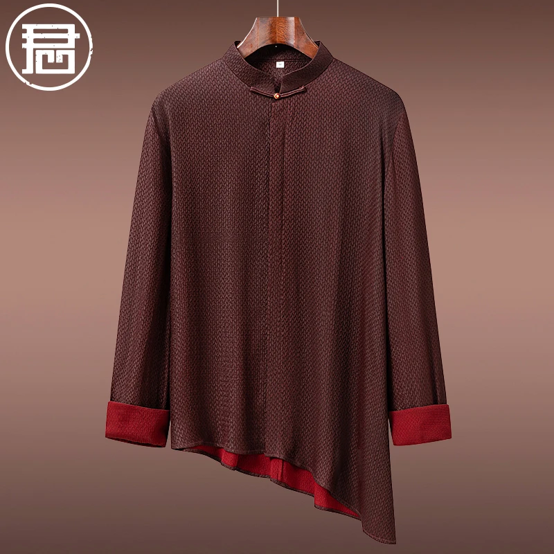 冠乐绉香云纱衬衫男长袖中式禅意茶服真丝衬衣中国风男装打底衫春