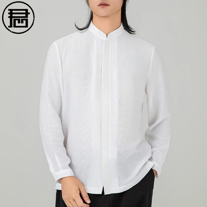春秋季男士衬衫长袖中青年中式立领禅意复古衬衣国风男装打底衫