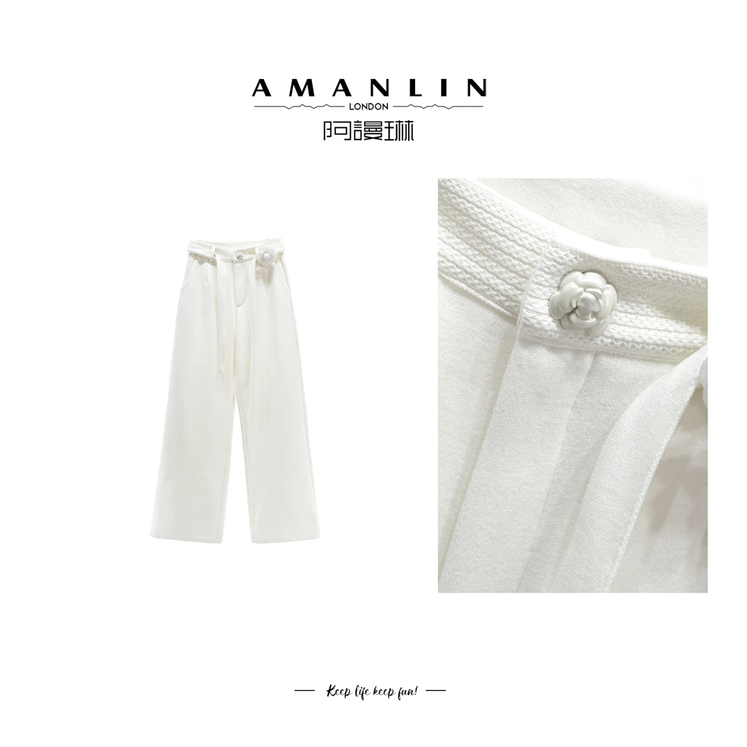 【AMANLIN】秋冬显瘦百搭设计感长裤山茶花立体装饰休闲裤F593899