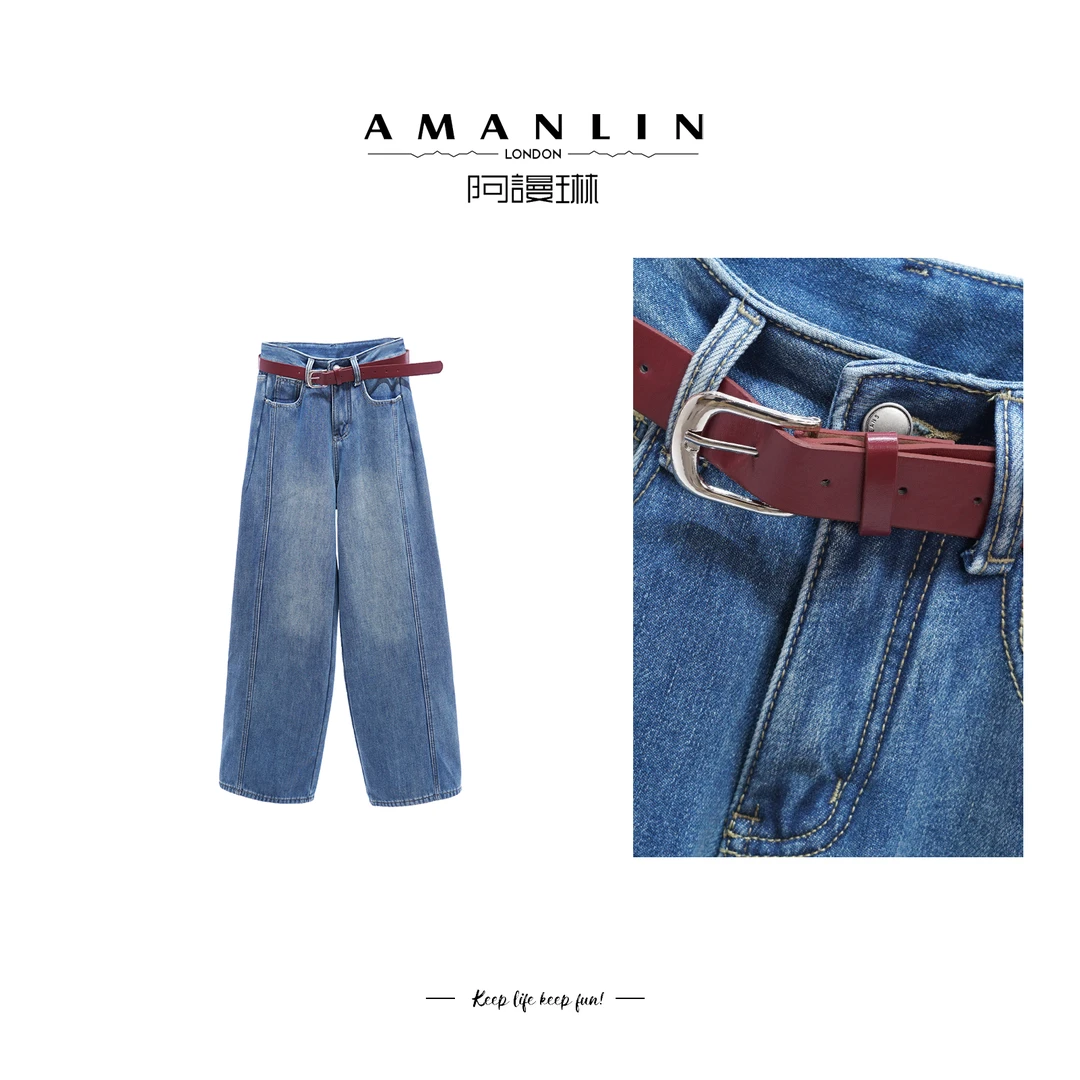 【AMANLIN】秋季穿搭显瘦加厚加绒高腰直筒牛仔裤复古百搭F593812