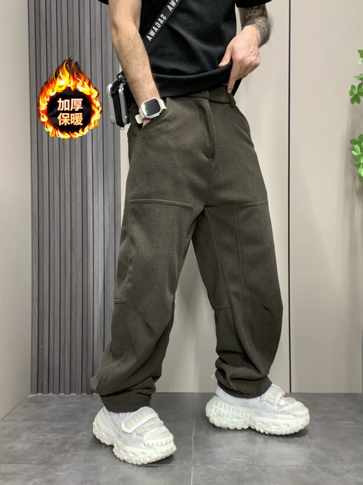 潮牌拼接加绒直筒运动裤男士简约冬季百搭弯刀裤灯芯绒潮流网红款