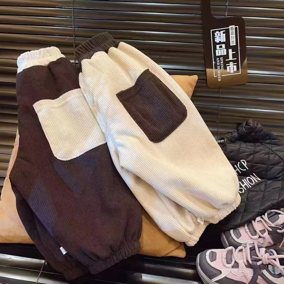 加绒/不加绒儿童灯芯绒哈伦潮裤时尚百搭束口裤拼接色韩版裤子