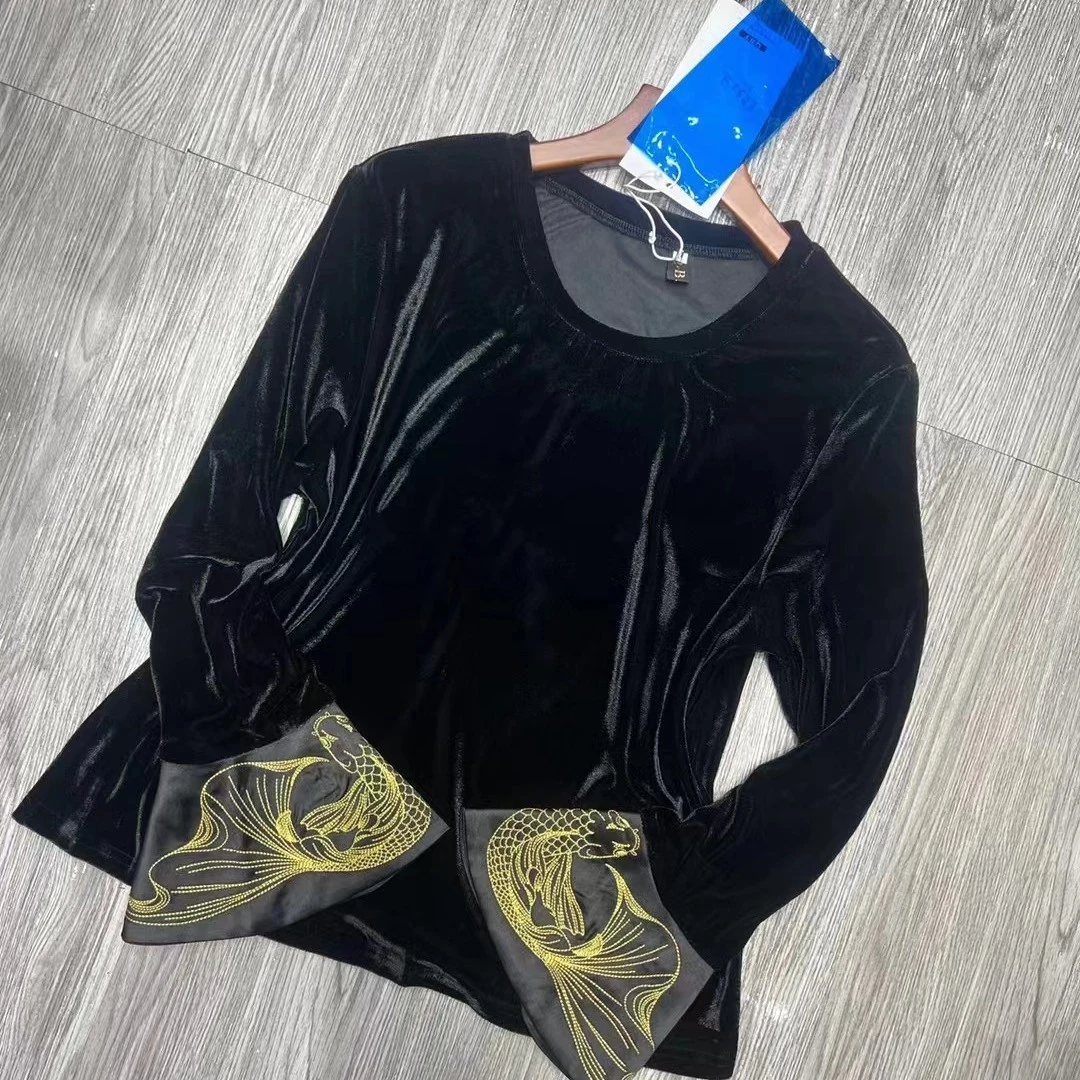 DXJ定制女装---中国风复古金丝绒刺绣拼接喇叭袖T恤打底衫圆领女