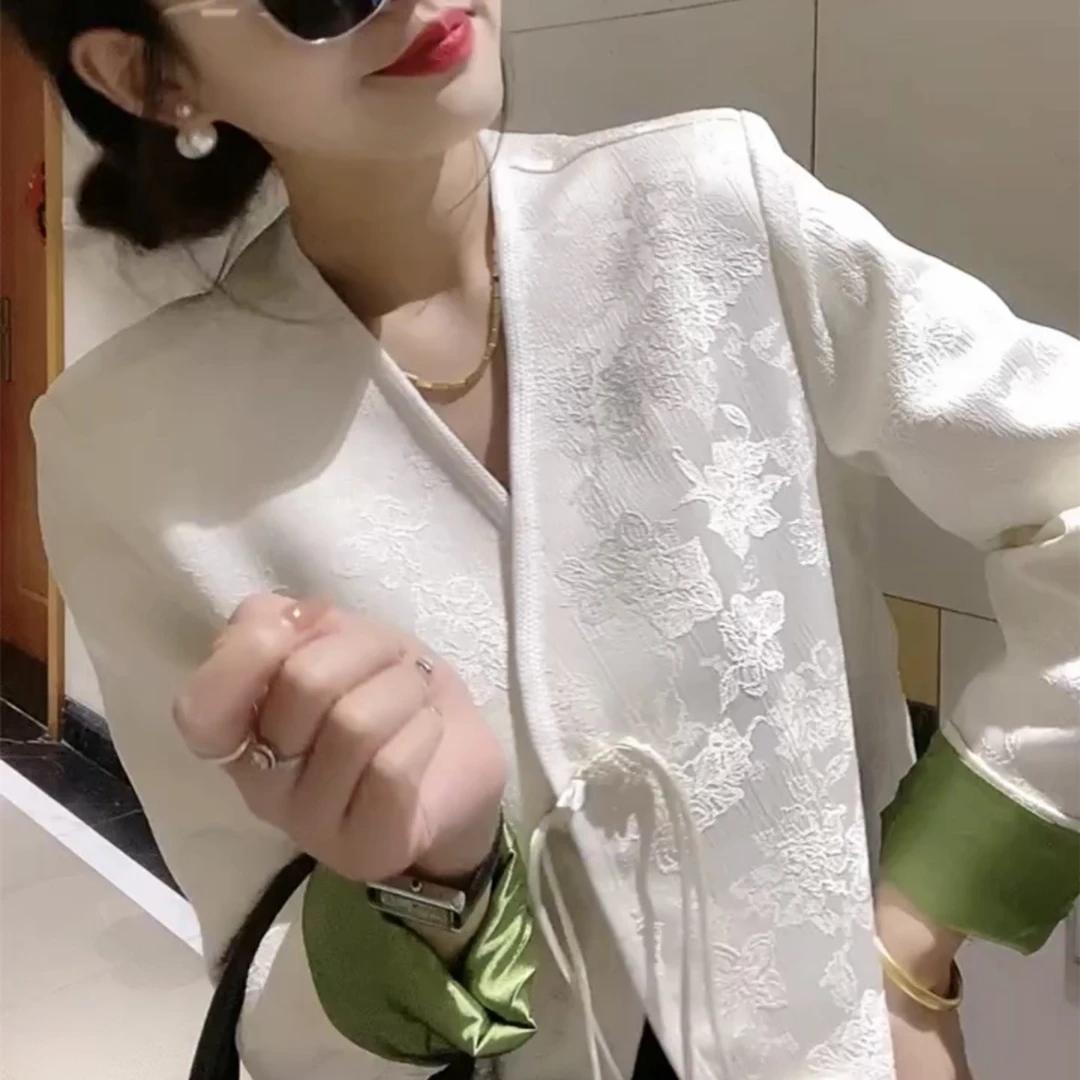 新中国风复古重工带钻盘扣拼接袖两穿小外套上衣提花中式女装